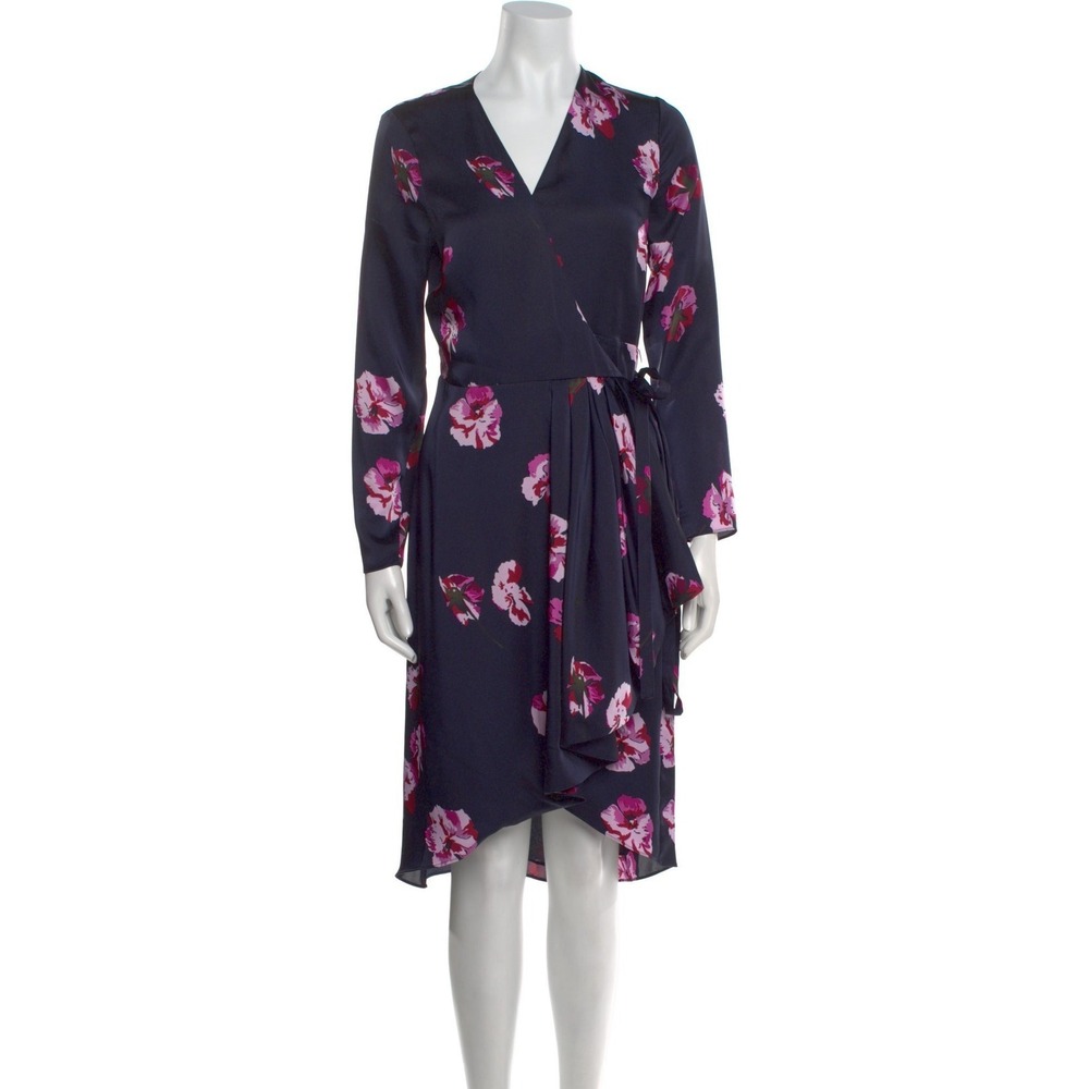 Joie Navy Floral Long Sleeve Wrap Dress High‎ Low Midi Wedding Guest Dress XS